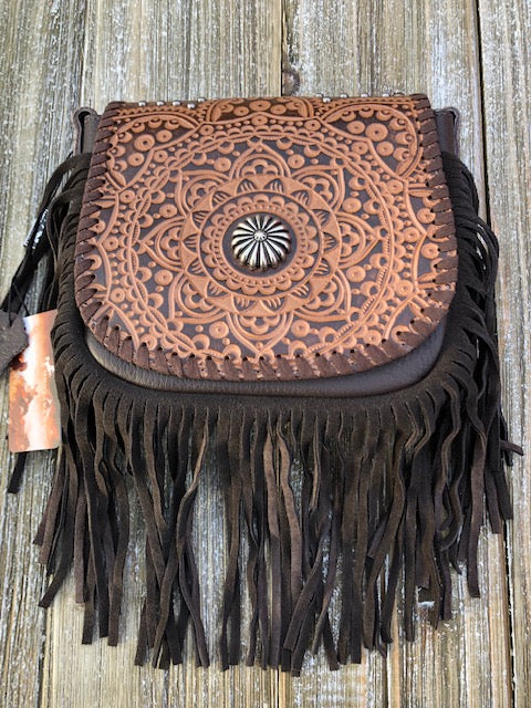 Montana West Genuine Leather Tooled Collection Fringe Crossbody Bag